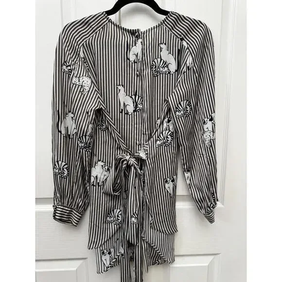 Zara Basic Cat Print Striped Blouse Tie Waist Long Sleeve Shirt Womens -Medium - Picture 4 of 7